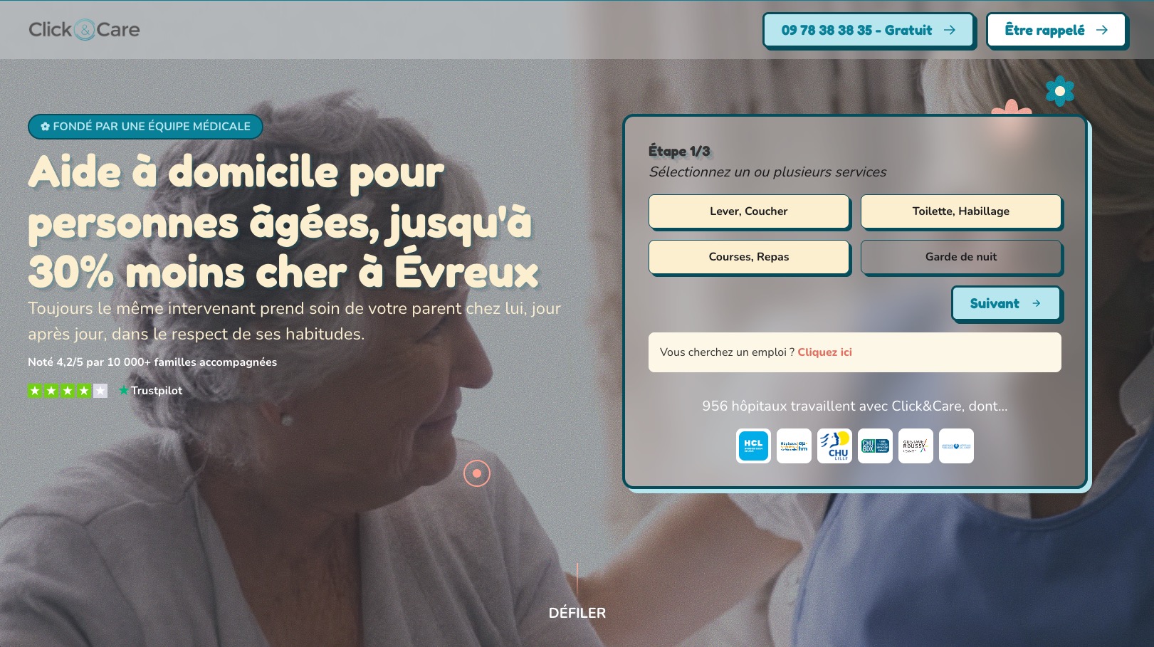 Landing page ClickandCare avec direction artistique inspirée des années 70-80