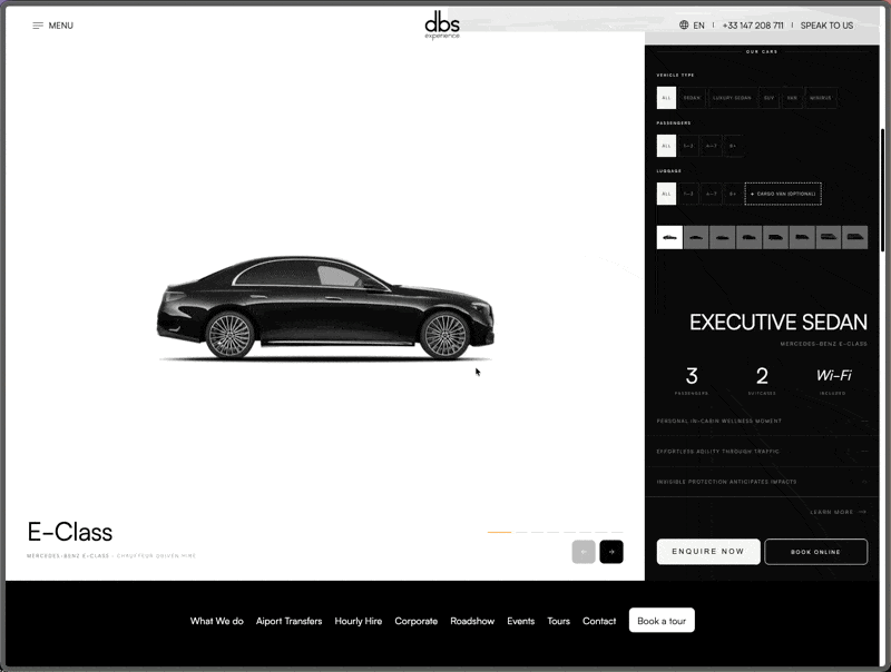 Page véhicules refondue : layout split-screen immersif, filtres dynamiques, sélecteur de modèles
