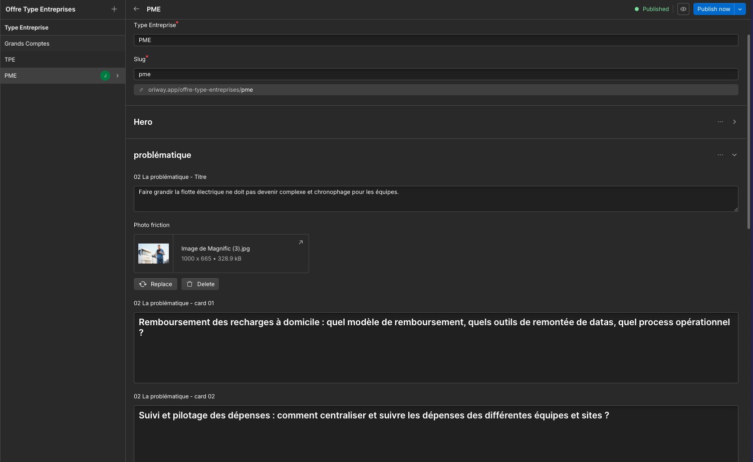 Modélisation CMS de la page « Offre PME » dans Webflow